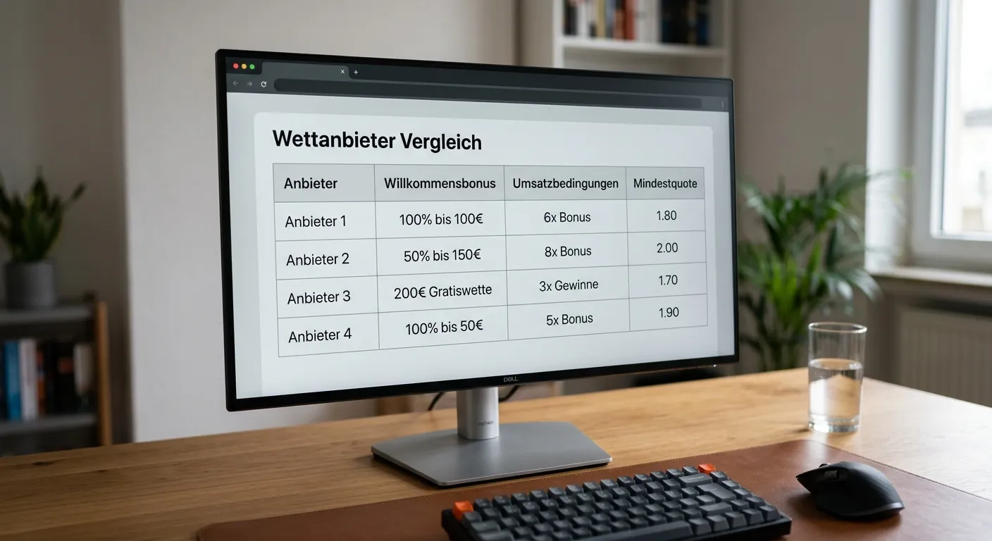 Vergleichstabelle verschiedener Sportwetten-Anbieter auf einem hochaufgelösten Monitor