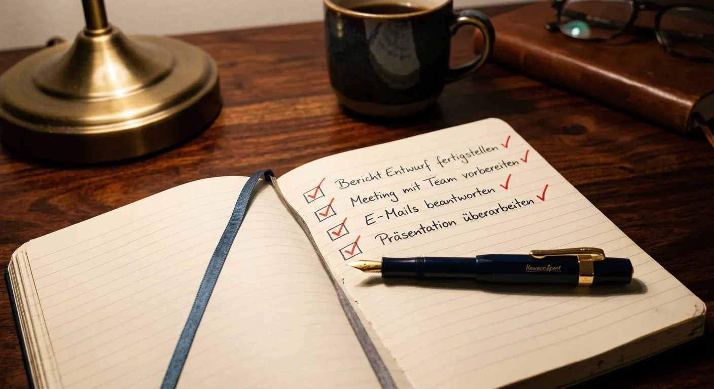Handschriftliche Checkliste mit Häkchen auf einem Notizbuch