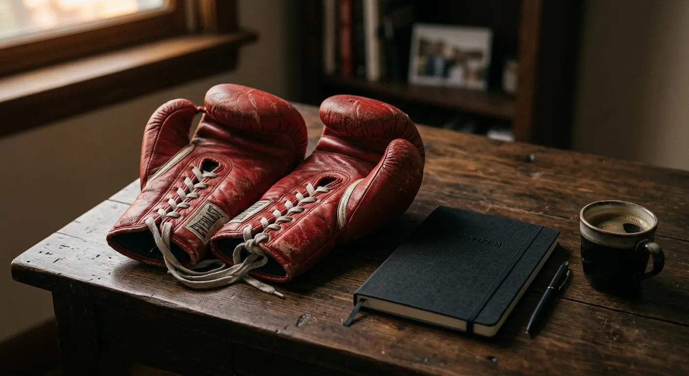 Geordneter Arbeitstisch mit Boxhandschuhen, Notizblock und Tasse als Sinnbild für Bankroll-Disziplin
