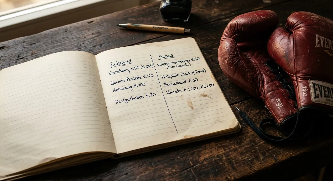 Aufgeschlagenes Notizbuch mit zwei Spalten für Echtgeld und Bonusguthaben neben Boxhandschuhen