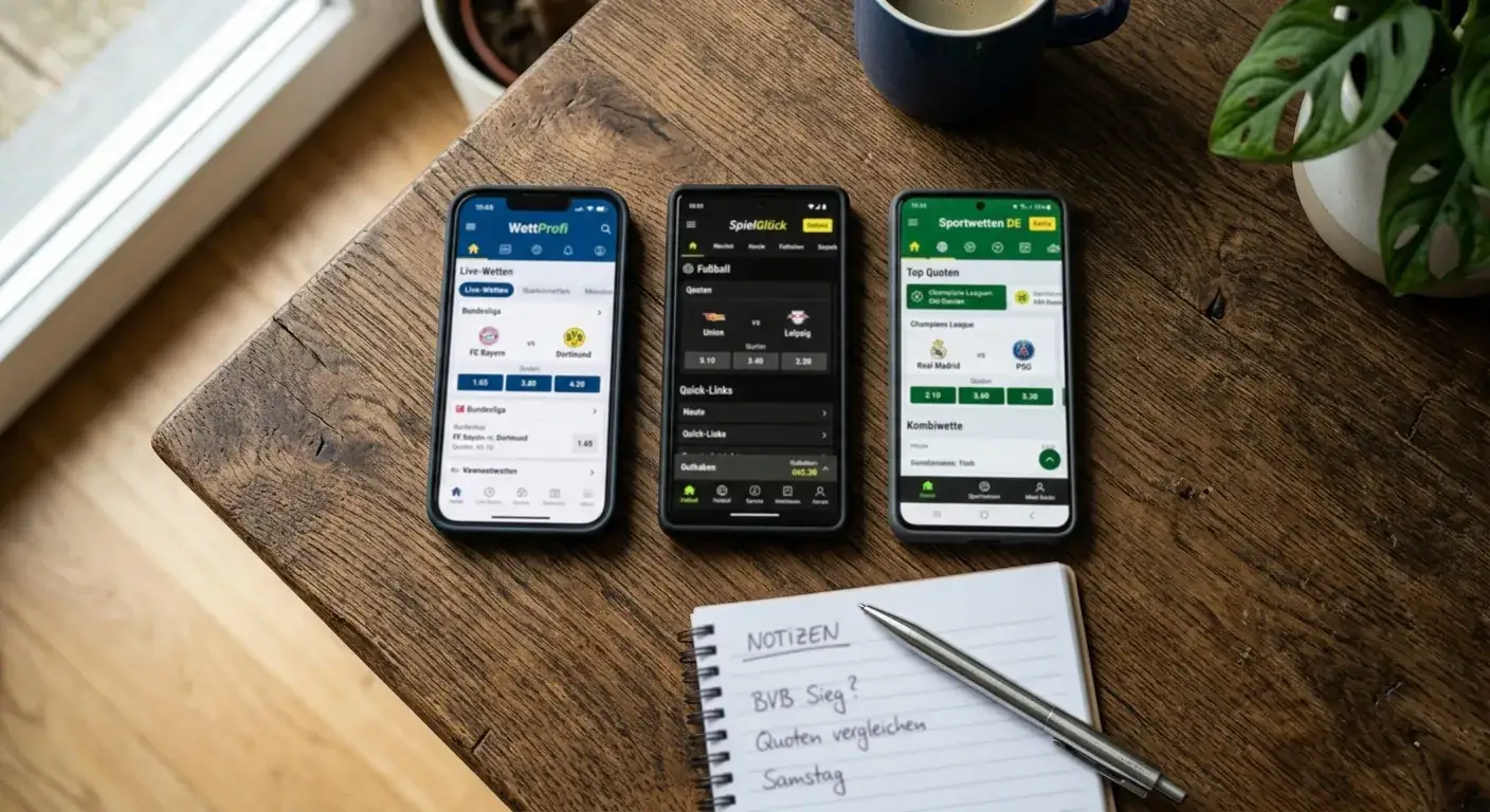 Aufgeschlagene Übersicht mit drei Wettkonten in verschiedenen Apps nebeneinander auf einem Tisch