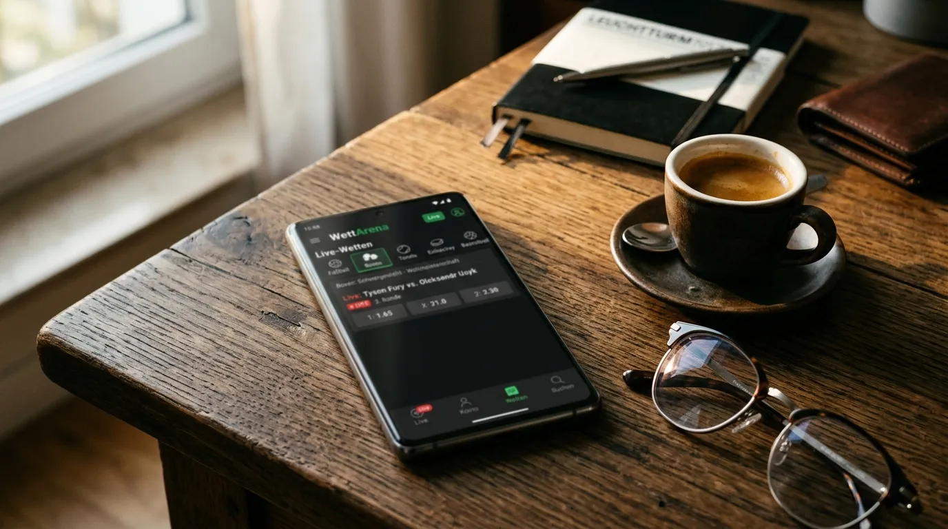 Smartphone-Display mit Sportwetten-App und Boxkampf-Wettmarkt im Vordergrund, Tasse Kaffee daneben
