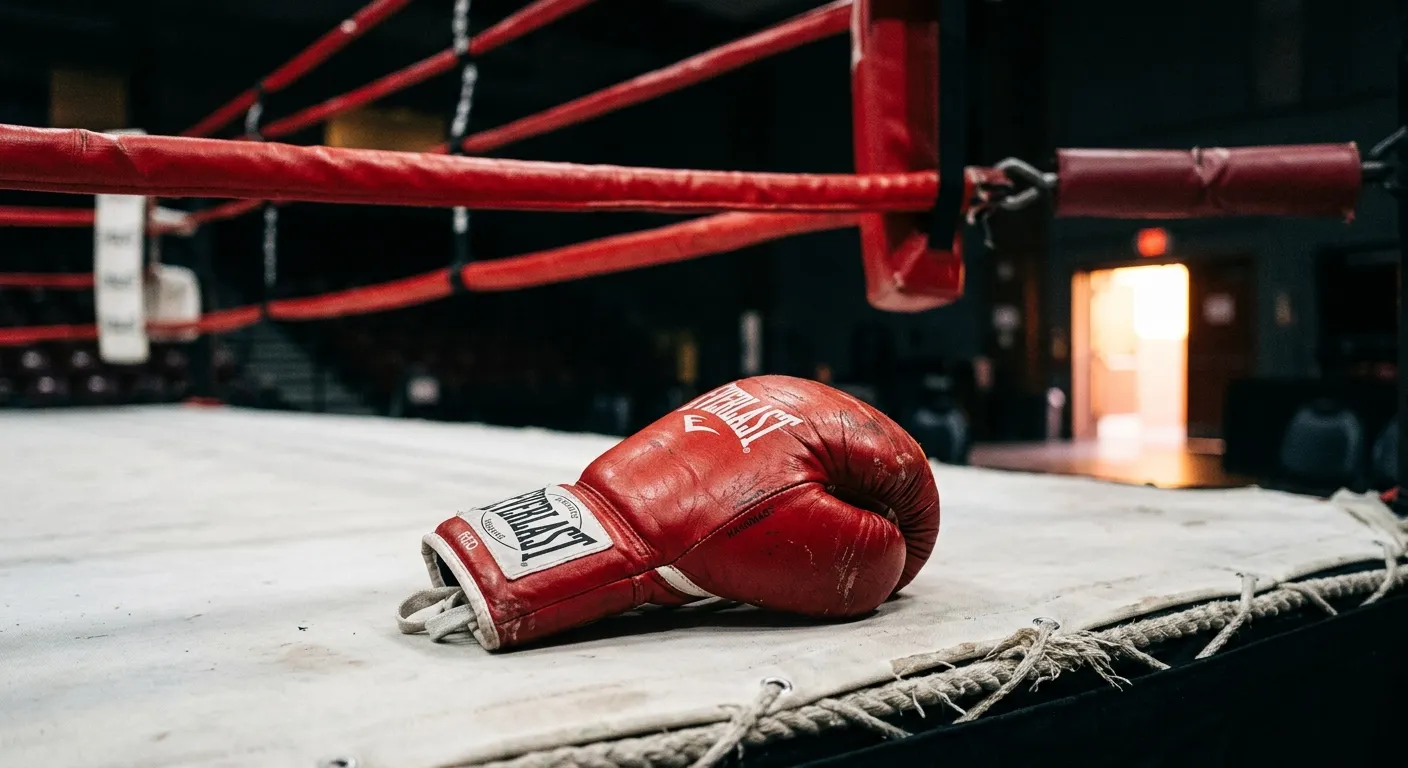 Boxhandschuh am Rand eines Boxrings mit hellem Licht im Hintergrund