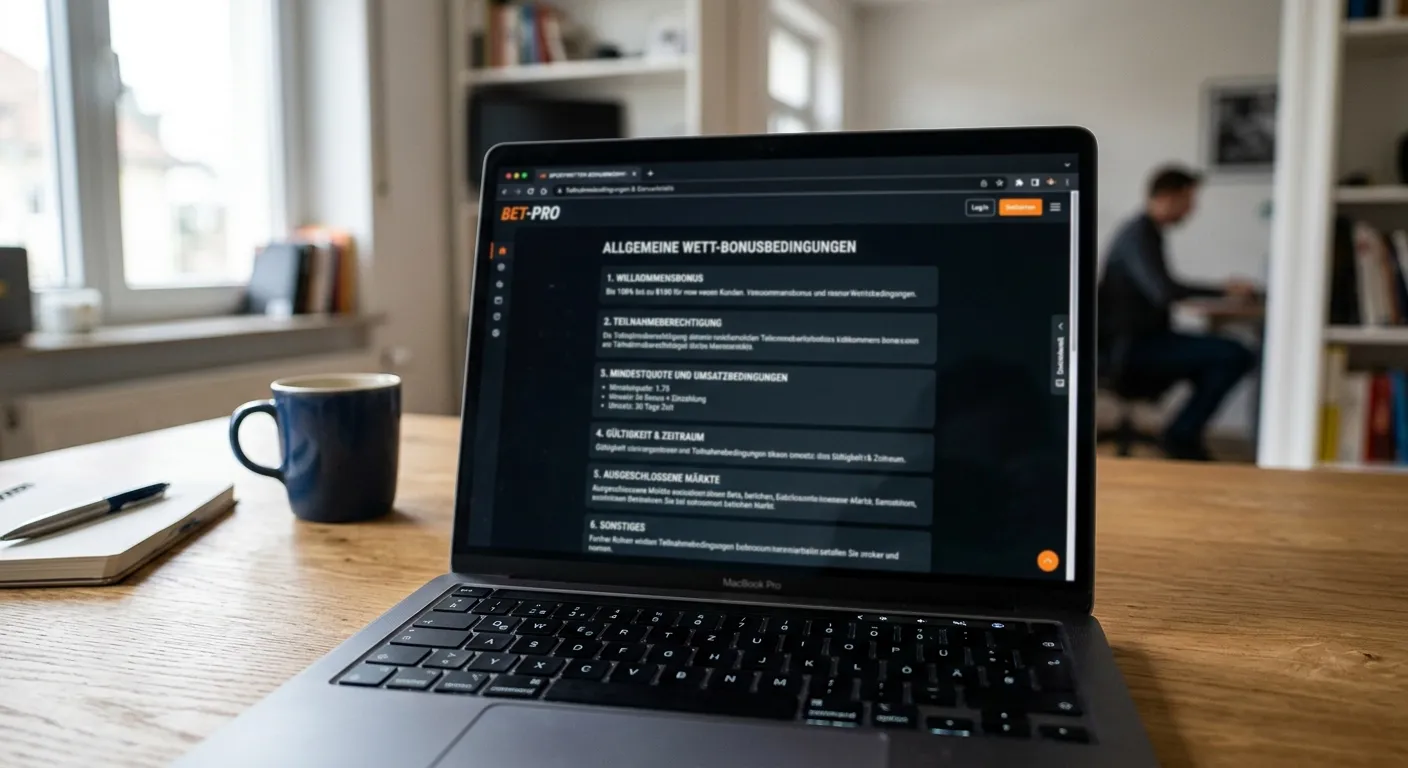 Geöffnete Bonusbedingungen-Seite eines Online-Buchmachers auf einem Laptop-Bildschirm