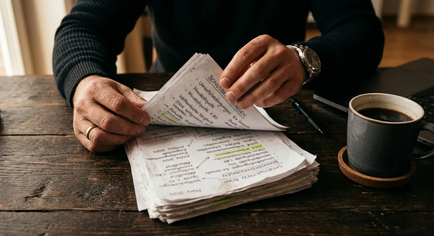 Konzentrierter Bettor blättert Notizen mit Bonus-Bewertungen auf einem Schreibtisch durch