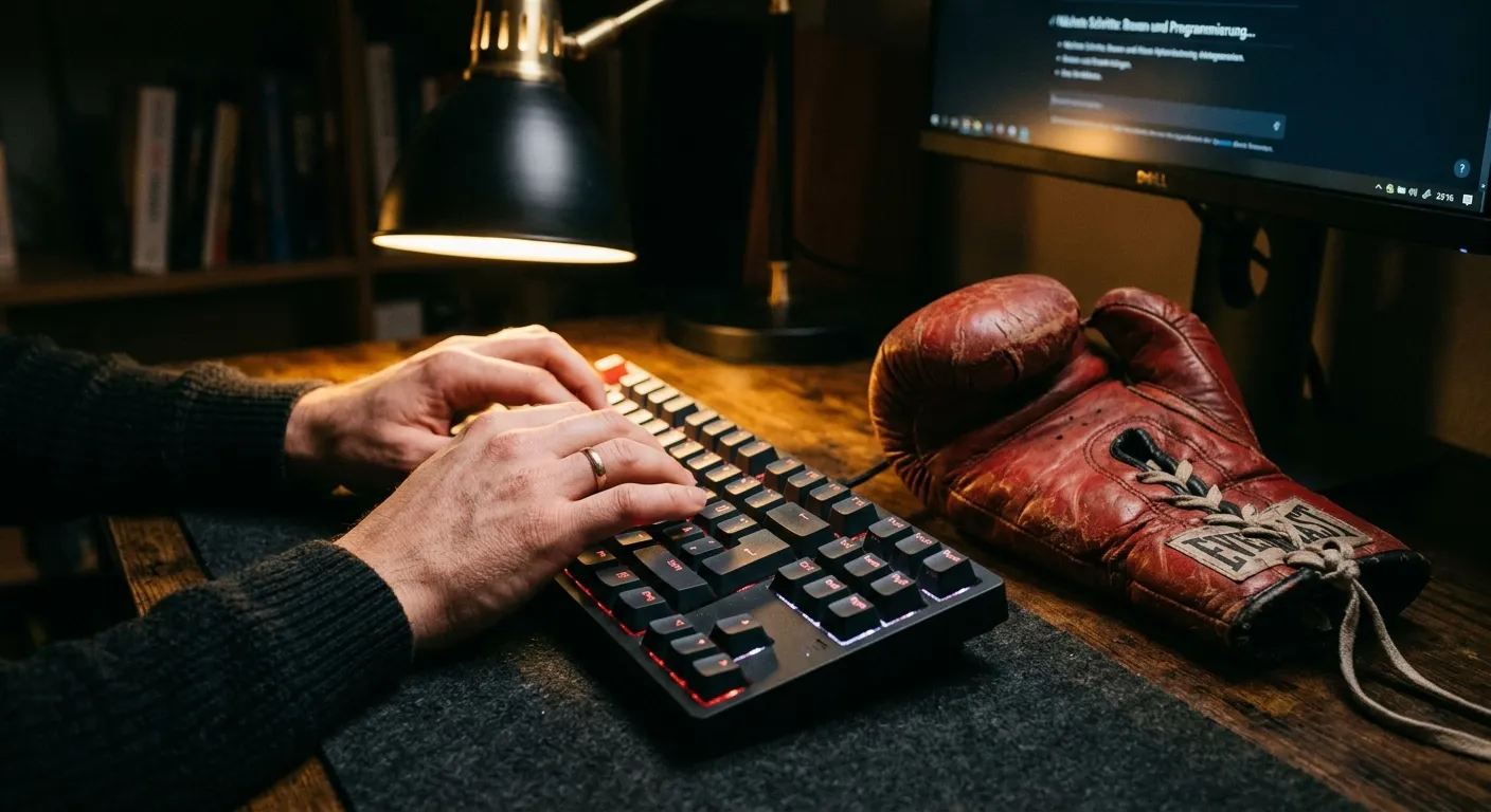 Hände tippen auf einer mechanischen Tastatur neben einem Boxhandschuh