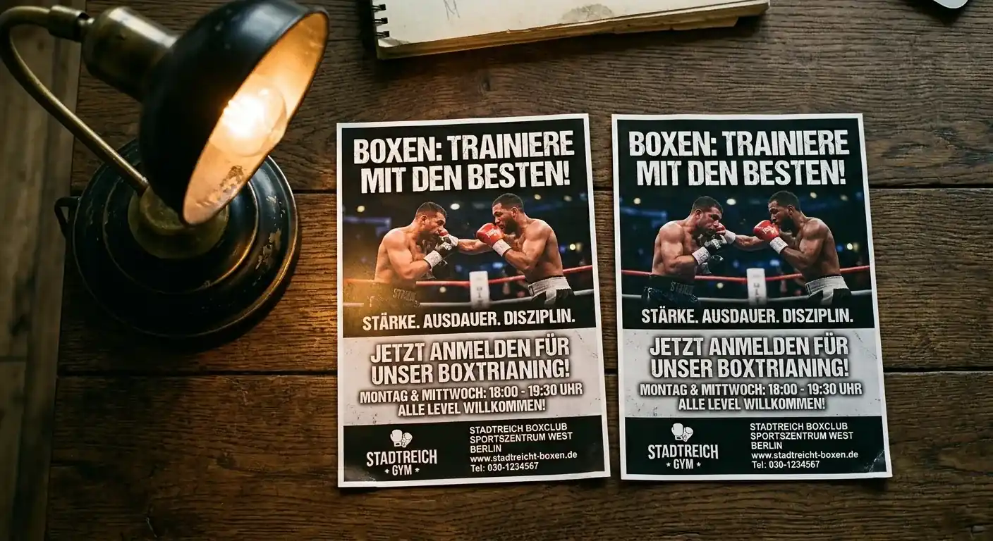 Zwei nebeneinander liegende Werbeflyer auf dunkler Tischplatte
