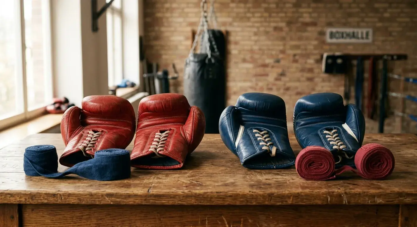 Zwei verschiedene Boxhandschuhpaare nebeneinander auf Holztisch, eines rot, eines blau