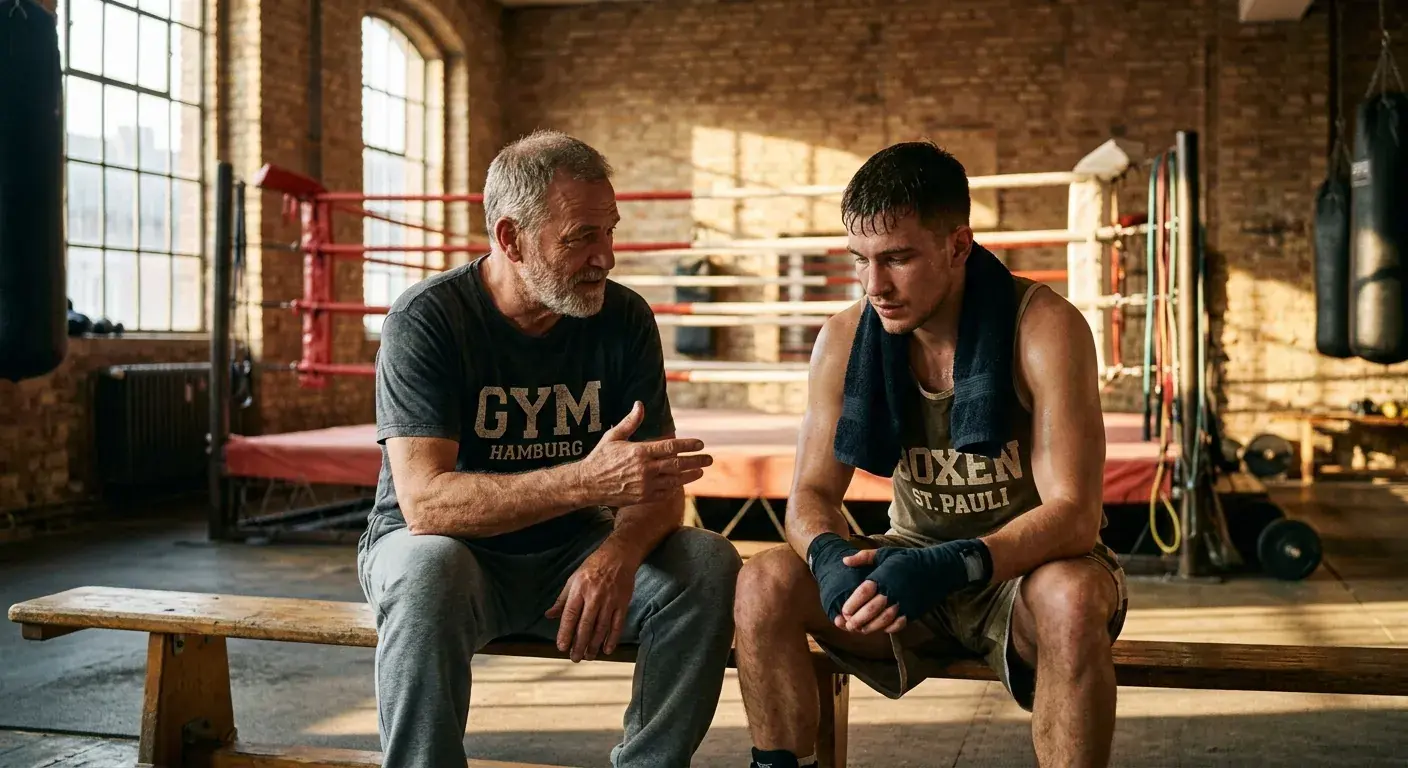 Trainer und Boxer besprechen ruhig Strategie im leeren Gym nach dem Training