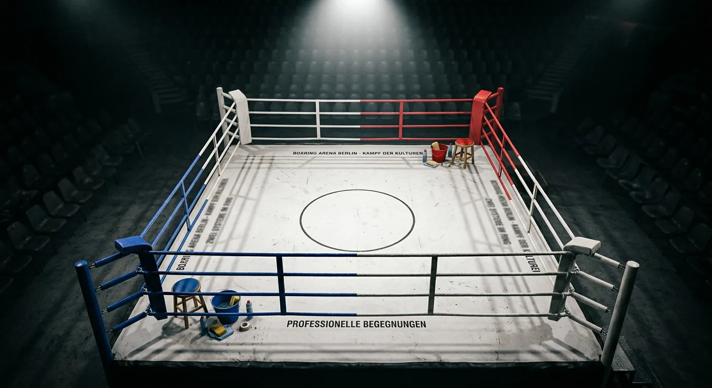 Boxring von oben im hellen Lichtkegel mit zwei gegenüberliegenden, leeren Ringecken