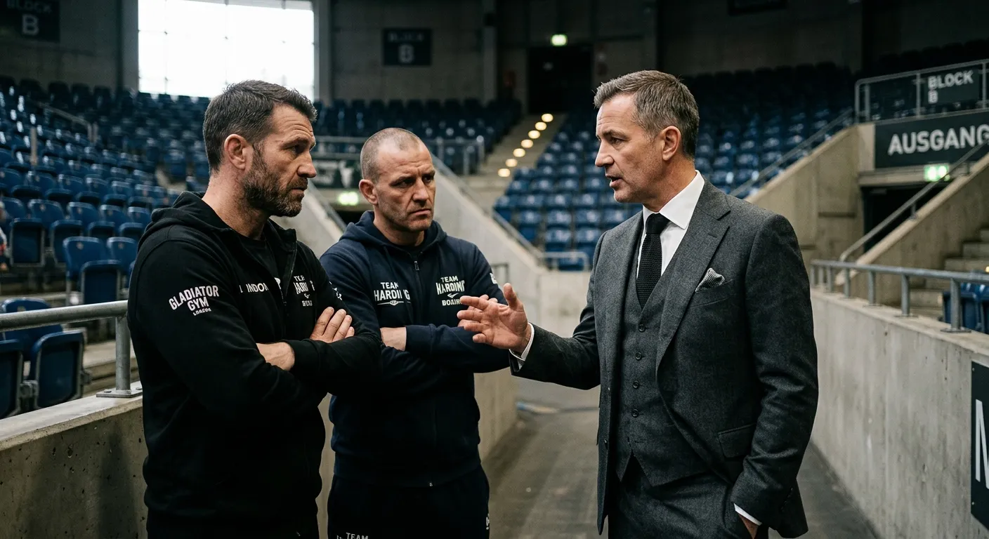 Promoter bespricht in ruhiger Halle Termindetails mit zwei Trainern abseits des Rings