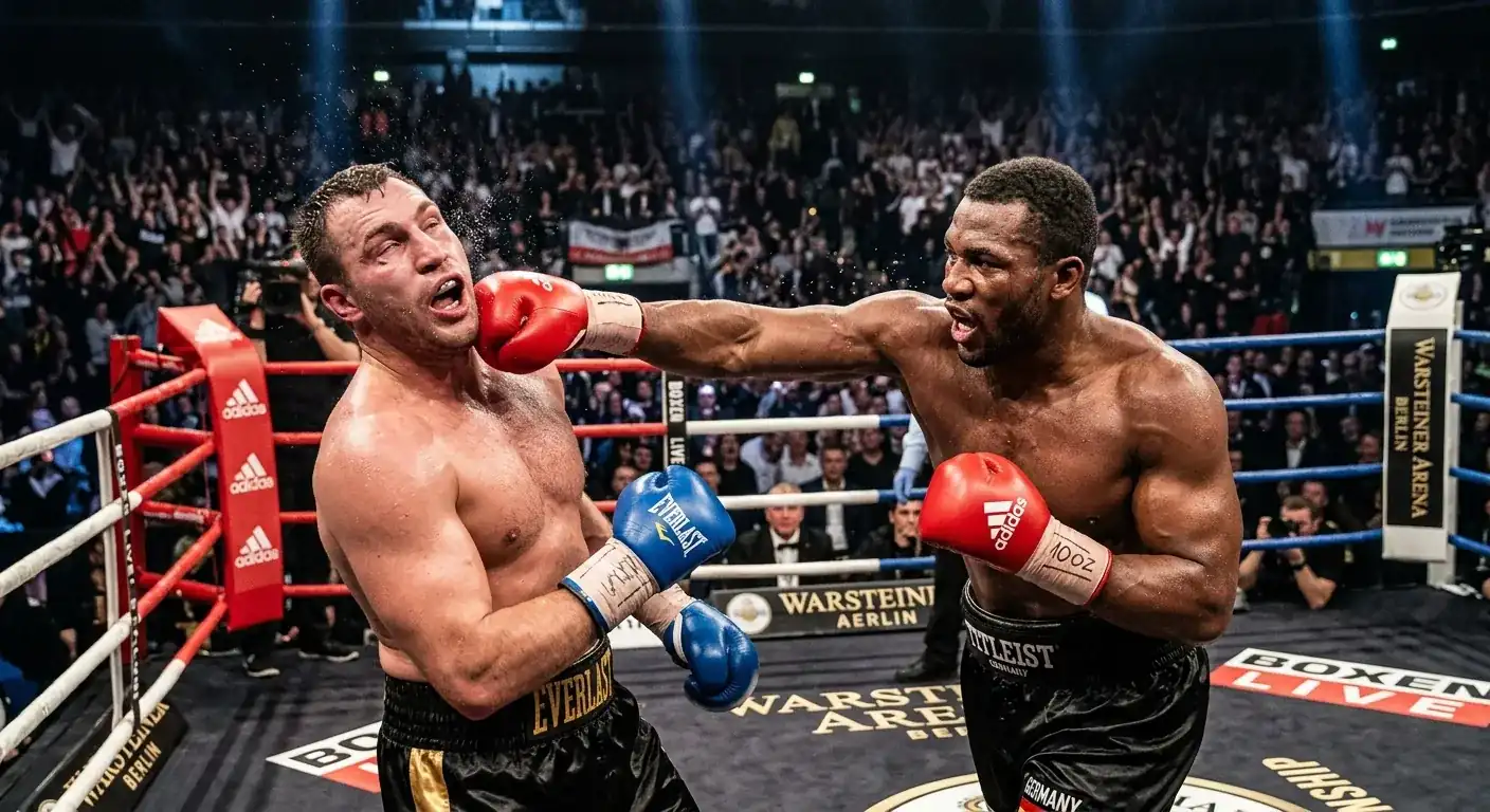 Boxer landet rechte Gerade im Hauptkampf vor besetzten Zuschauerrängen