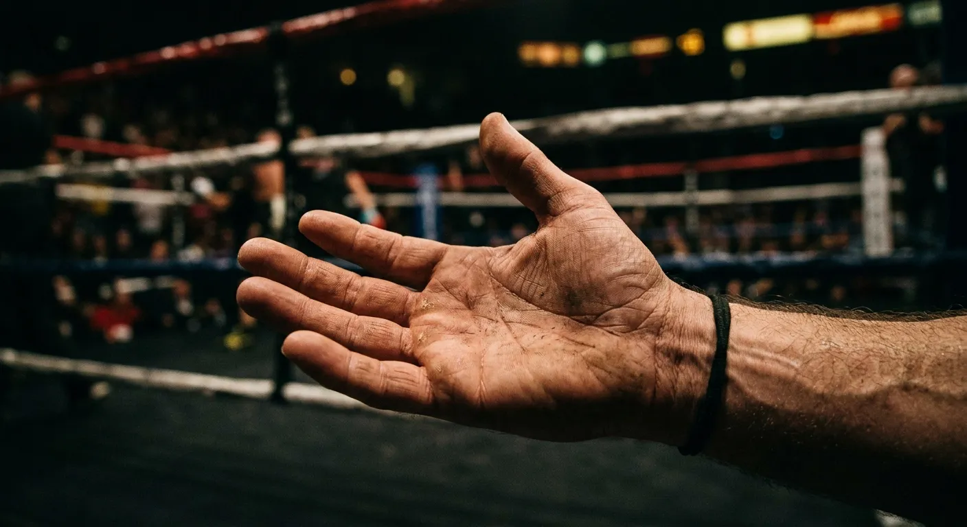 Leere offene Hand vor einem dunklen Boxring-Hintergrund