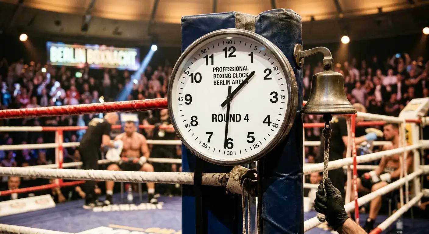 Boxringuhr am Ringpfosten zeigt Rundenwechsel vor besetzten Zuschauerrängen