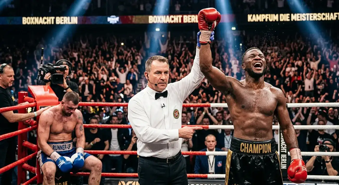 Schiedsrichter hebt den Arm des siegreichen Boxers in der Ringmitte nach dem Kampfende