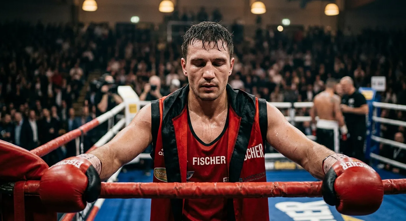 Boxer atmet ruhig im Ring vor Kampfbeginn, Hände an den Ringseilen, sammelt sich