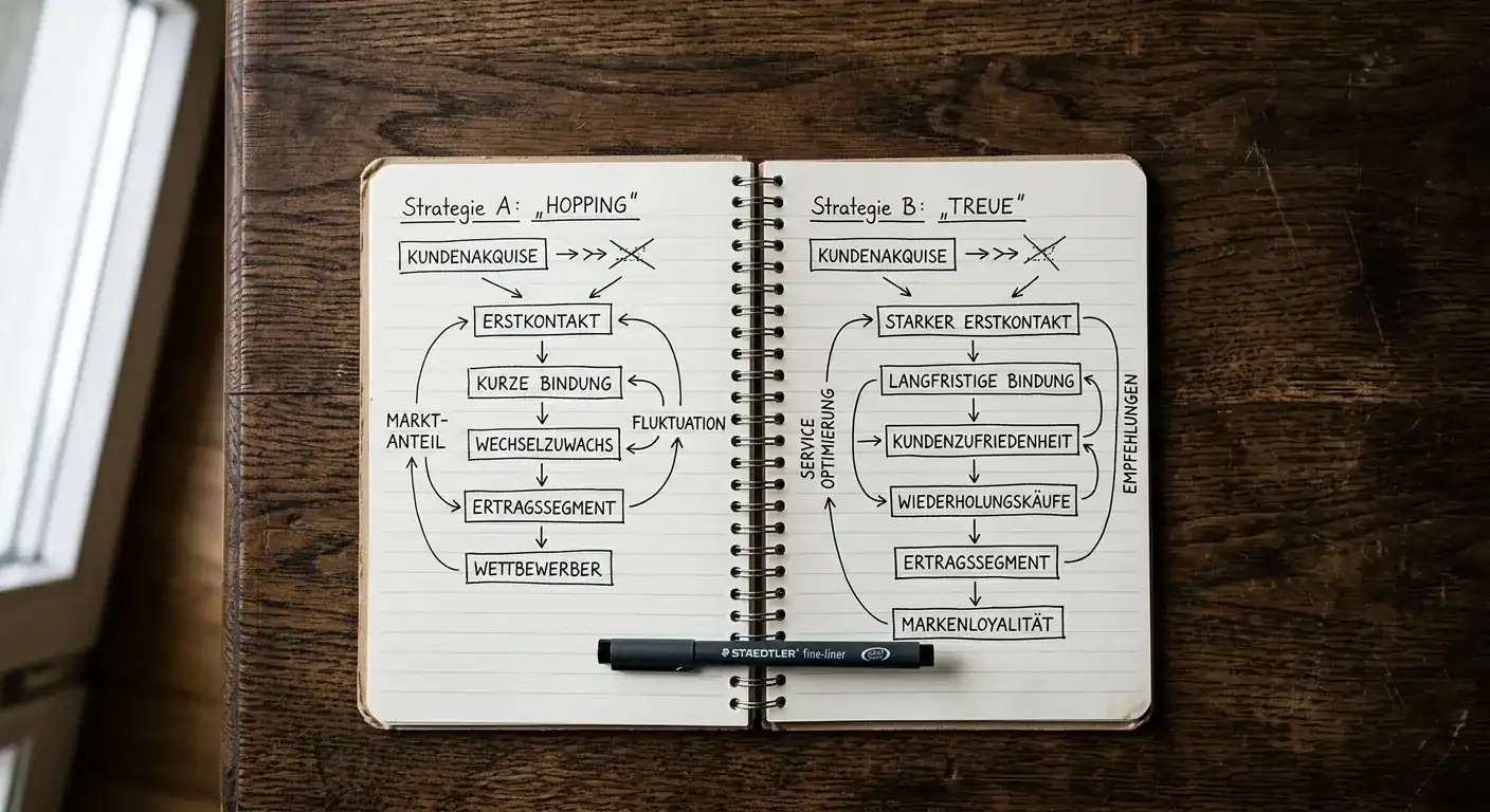 Handgezeichnete Skizze zweier Bonusstrategien auf einem aufgeschlagenen Notizbuch