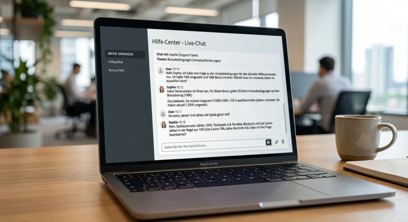 Geöffnetes Chatfenster mit Kundensupport eines Sportwetten-Anbieters auf einem Laptop