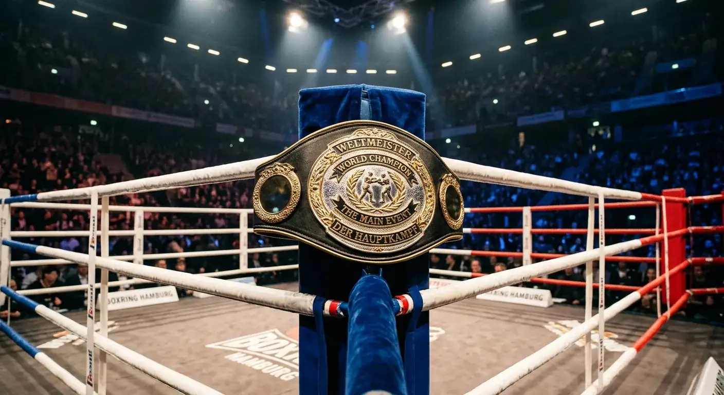 WM-Boxgürtel hängt am Ringseil in der Mitte vor dem Hauptkampf am Abend