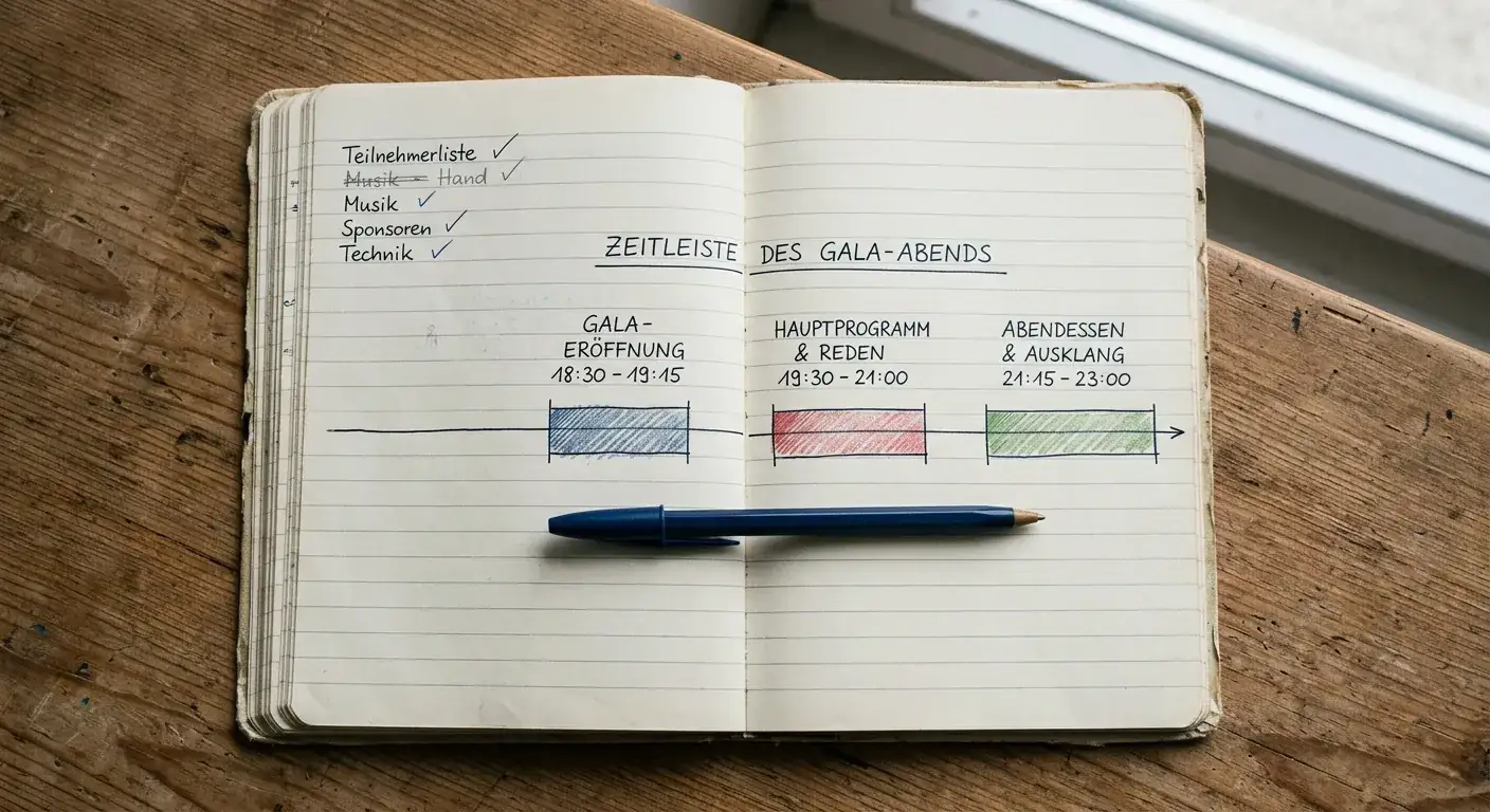 Aufgeschlagenes Notizbuch mit Zeitfenster-Skizze rund um anstehende Boxgalas