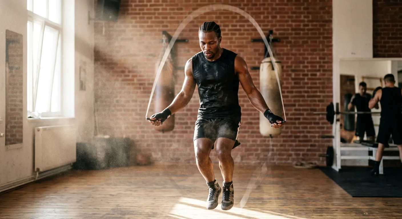 Boxer beim Tempo-Training mit Springseil im hellen Trainingsraum am Morgen