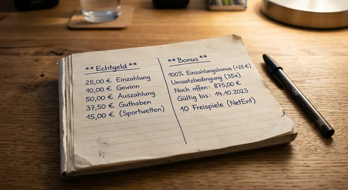 Aufgeschlagenes Notizbuch mit zwei klar getrennten Spalten für Bonusguthaben und Echtgeld