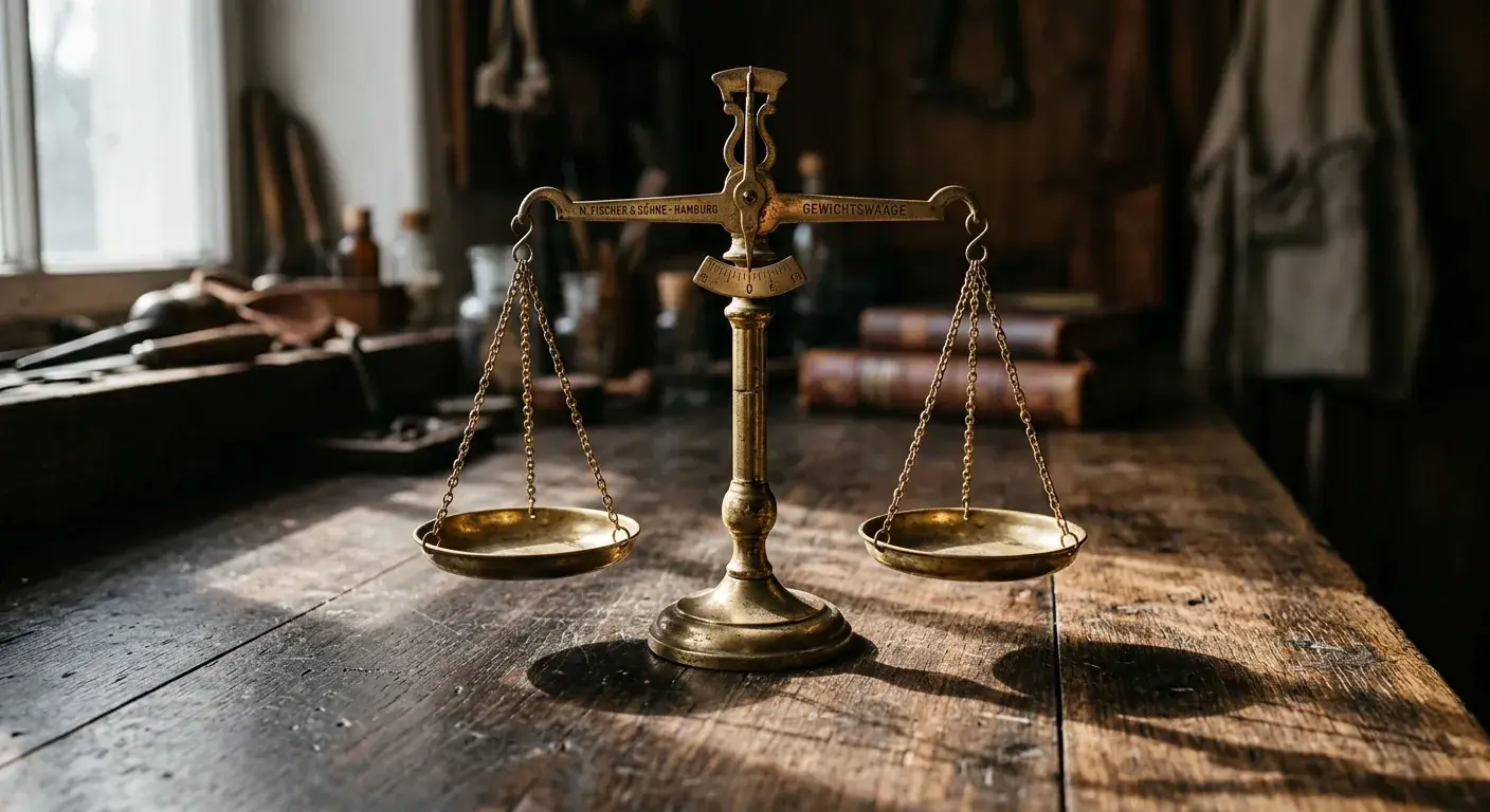 Stilisierte Waage mit zwei gleich großen Schalen auf dunklem Holz
