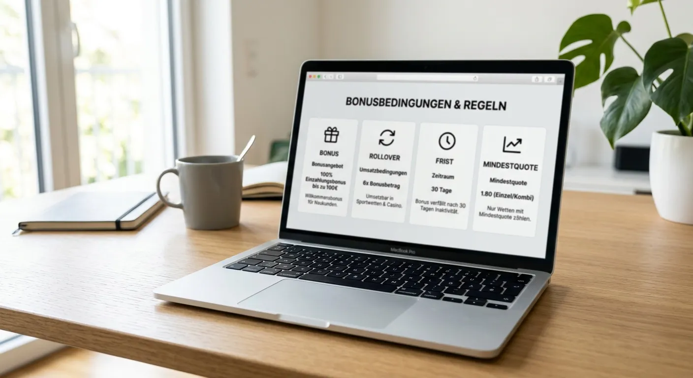 Strukturansicht der Bonusbedingungen eines Sportwetten-Anbieters am Laptop