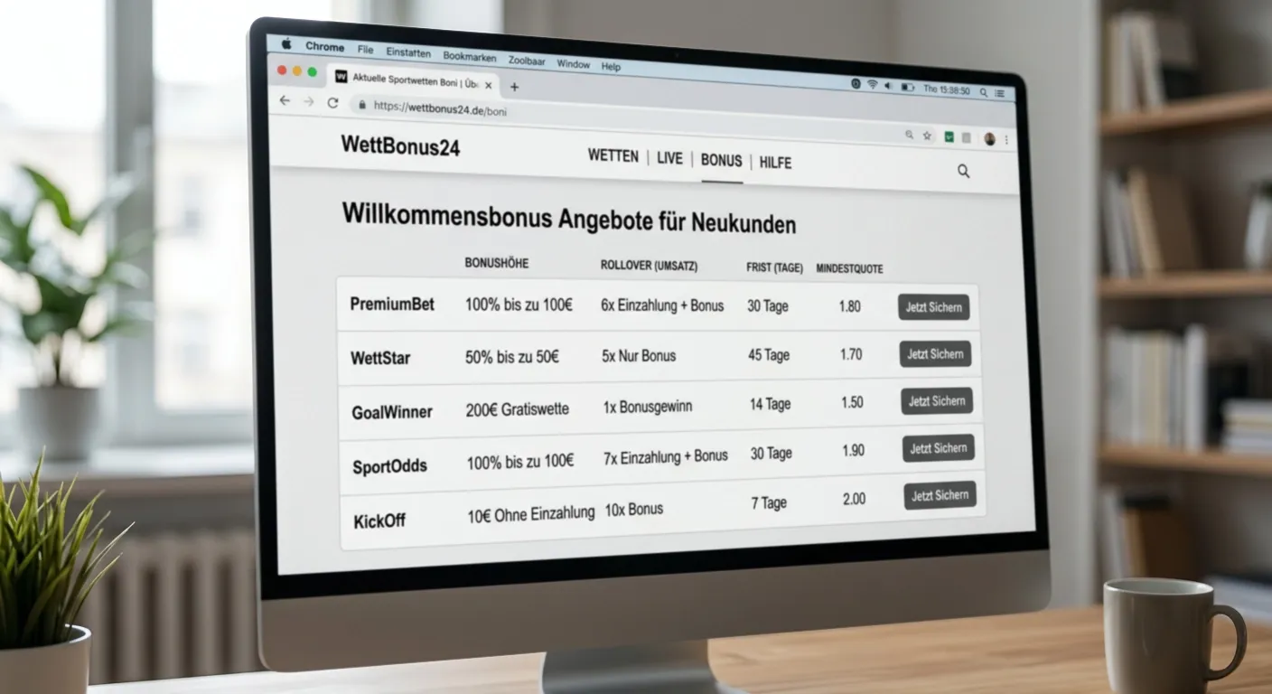 Strukturierte Übersicht eines Sportwetten-Bonus auf dem Bildschirm eines Online-Buchmachers