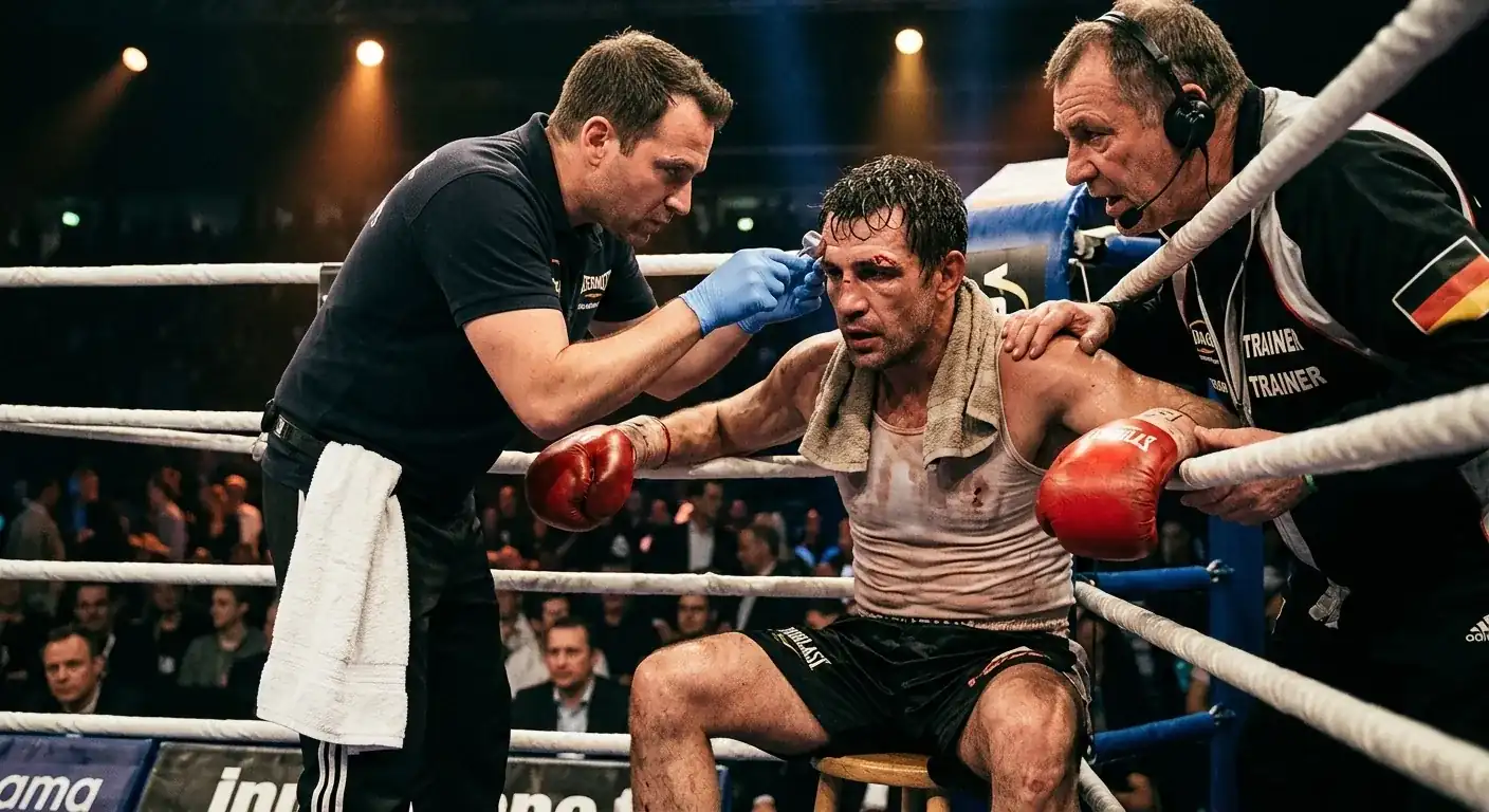 Boxer mit roten Handschuhen sitzt in der Ringecke, Cutman versorgt Augenbraue zwischen Runden
