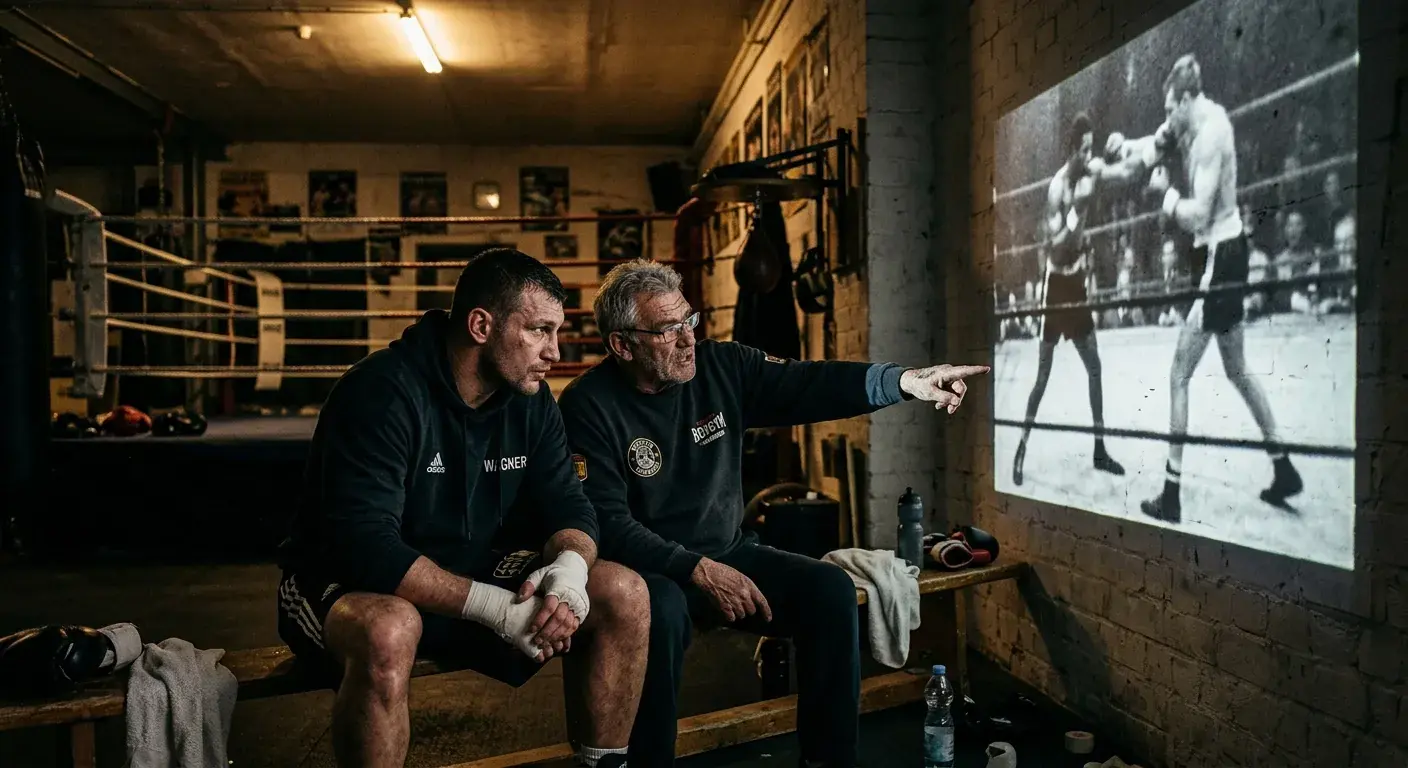 Boxer und Trainer studieren gemeinsam Kampfvideo auf großem Bildschirm im Gym