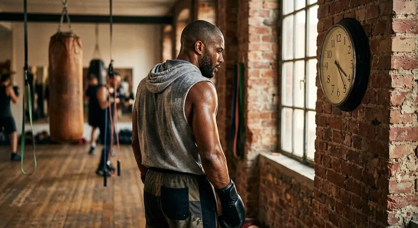 Boxer schaut still auf Trainingsuhr an der Wand im hellen, ruhigen Gym