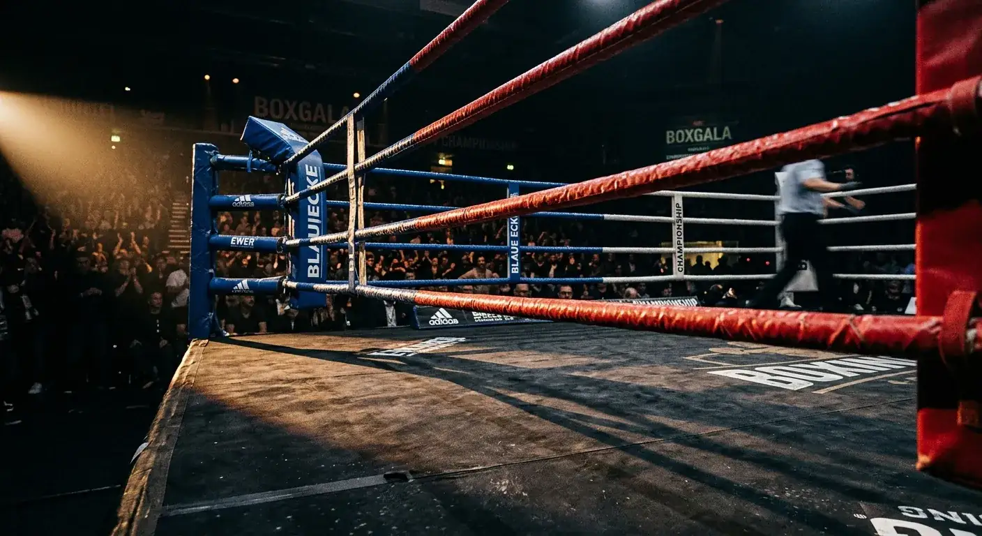 Detailansicht eines Profi-Boxrings mit gespannten Seilen aus Ecke