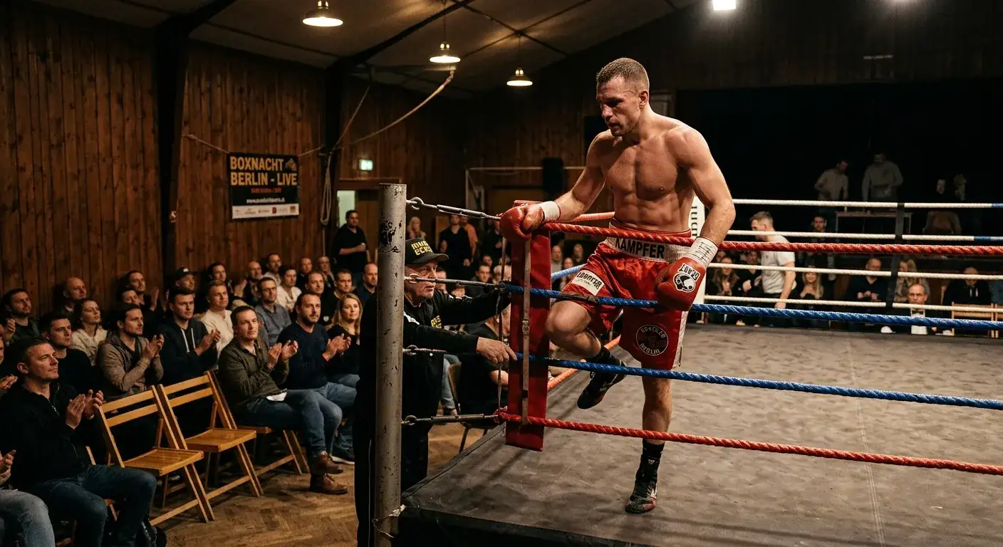 Boxer steigt allein in den Ring eines kleinen Veranstaltungsortes vor wenigem Publikum