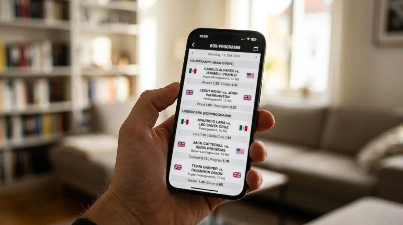 Mobile-App-Ansicht mit Quoten für aktuelle Boxkämpfe in der Übersicht