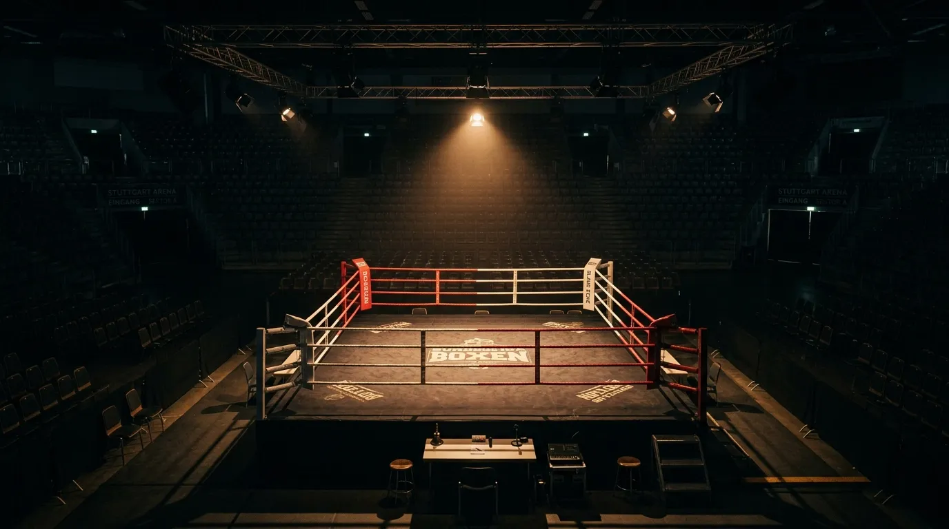 Profi-Boxring im Stadion mit leeren Tribünen unter Spotlight