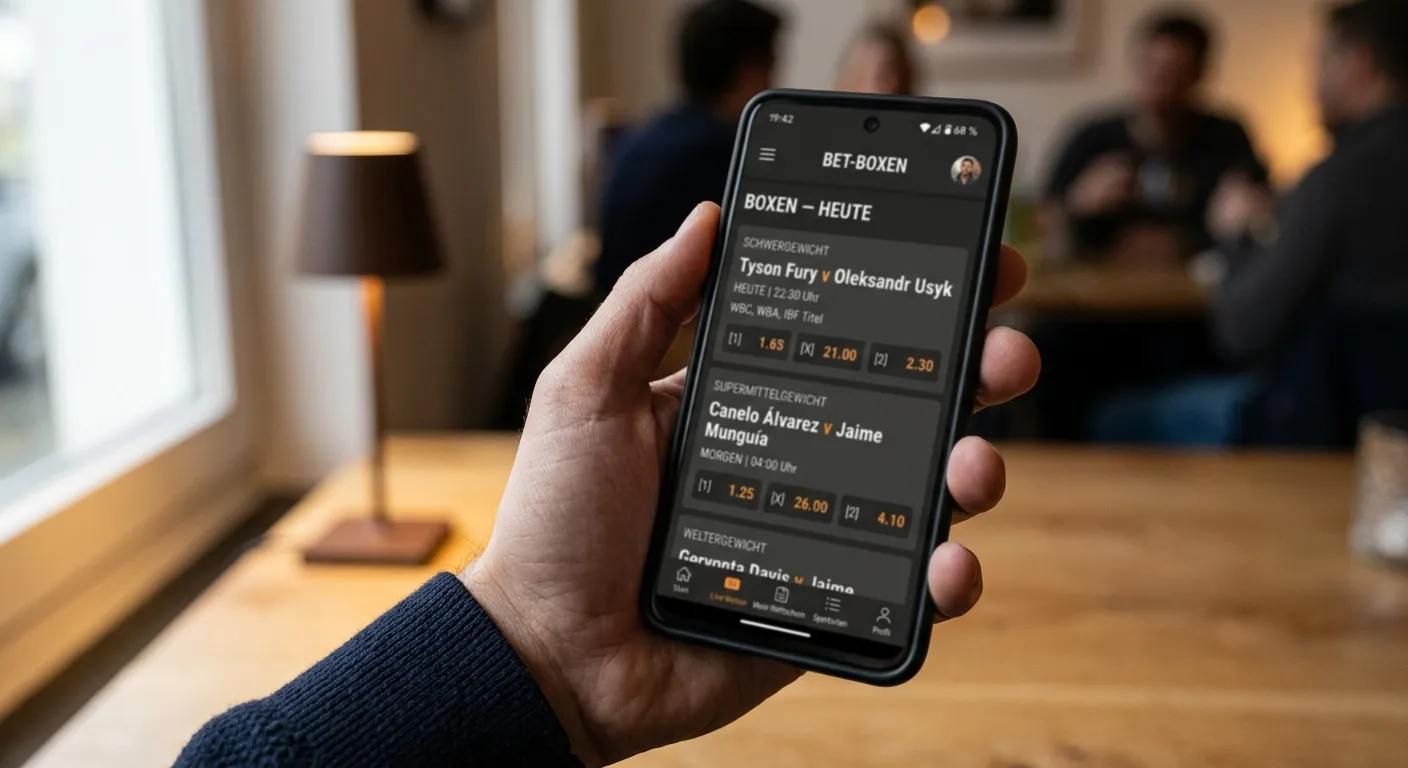 Mobile-Bildschirm mit Wettmarkt-Auswahl für Boxkämpfe und Quoten-Übersicht