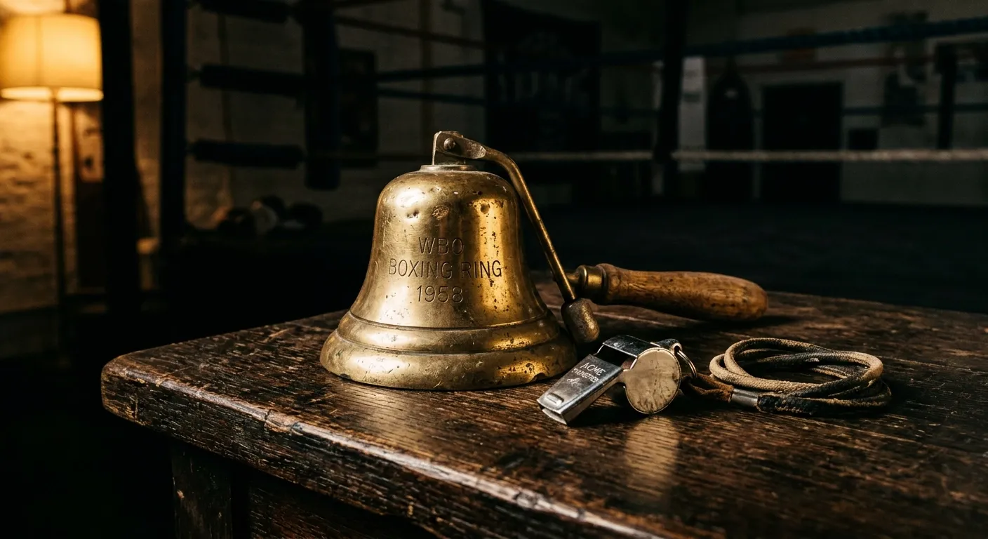 Boxring-Glocke und Trillerpfeife des Ringrichters auf dunklem Tisch