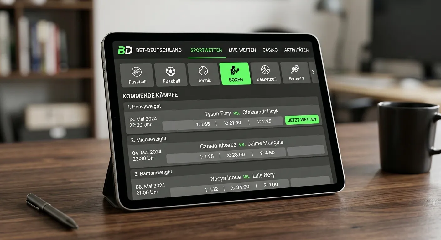 Tablet-Ansicht mit Boxkampf-Portfolio eines neuen deutschen Wettanbieters