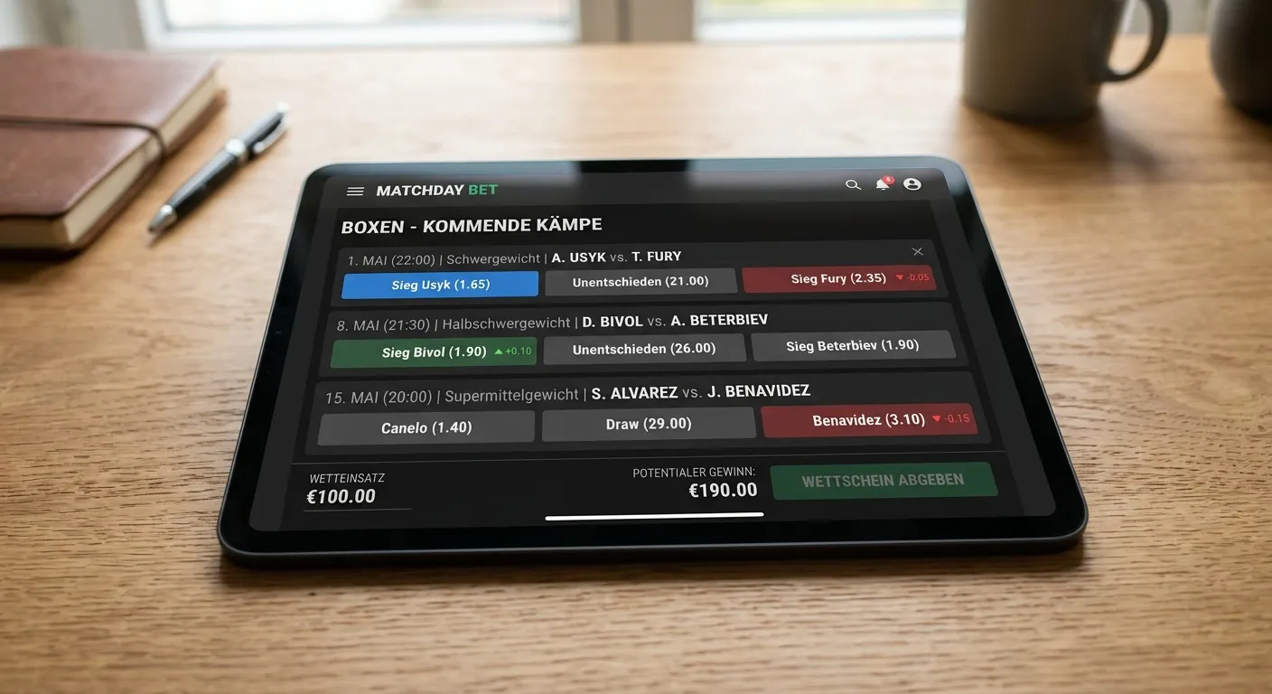 Tablet-Bildschirm mit Liste boxbezogener Wettmärkte und Quoten-Bewegungen