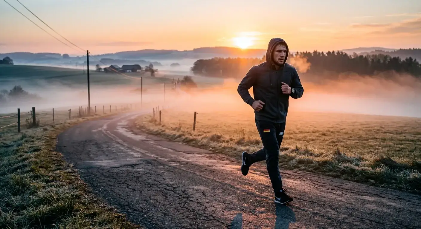 Boxer beim Konditionstraining im Freien läuft konzentriert mit ruhigem Tempo