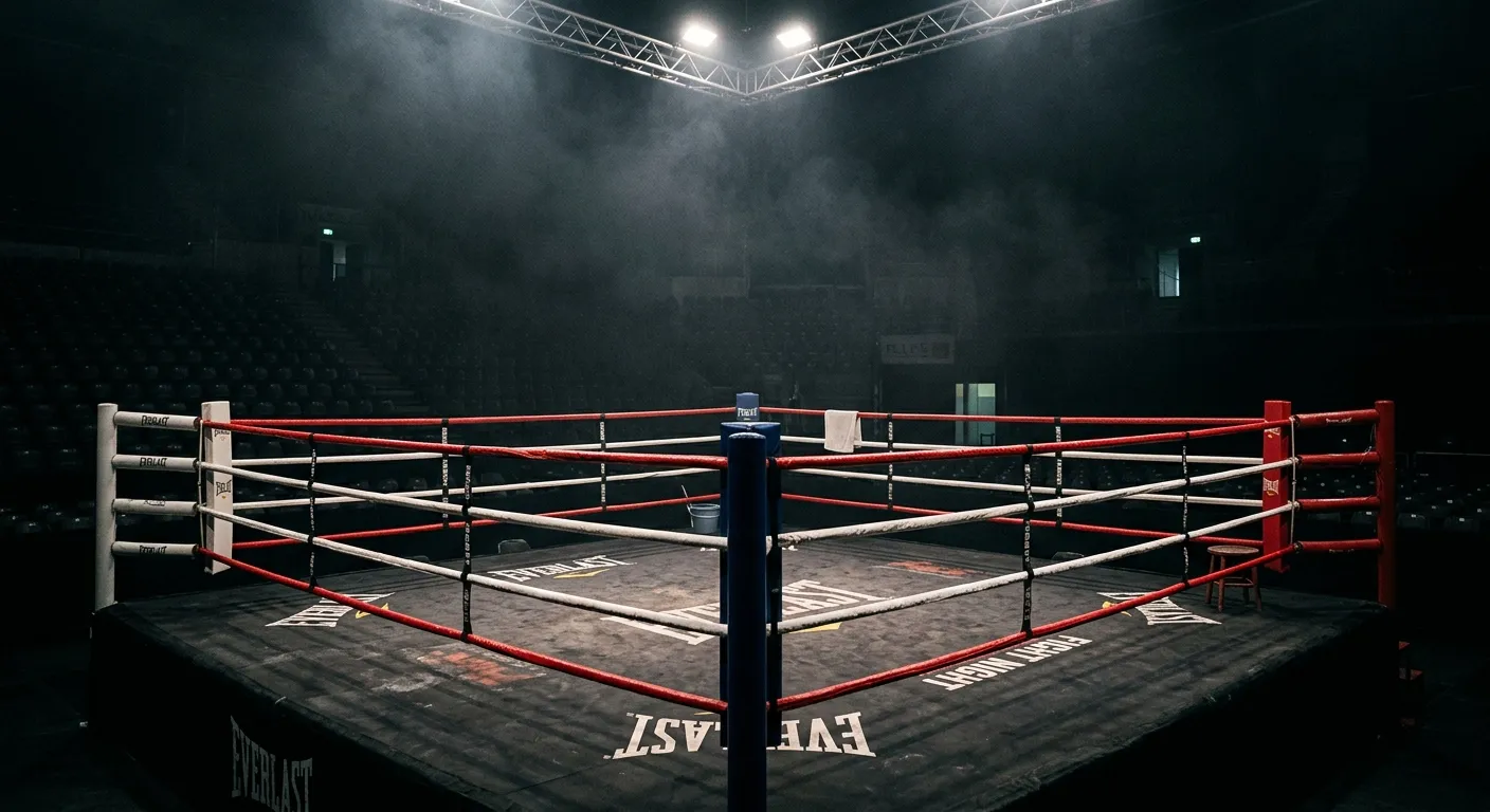 Dunkler Profi-Boxring mit gespannten roten Seilen in leerer Halle