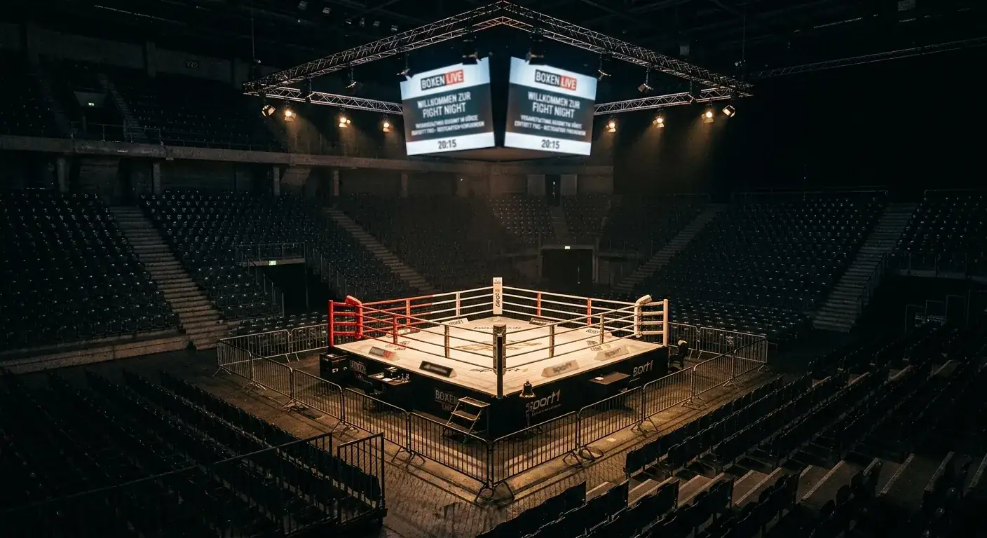 Beleuchteter Profi-Boxring im Stadion mit leeren Tribünenrängen