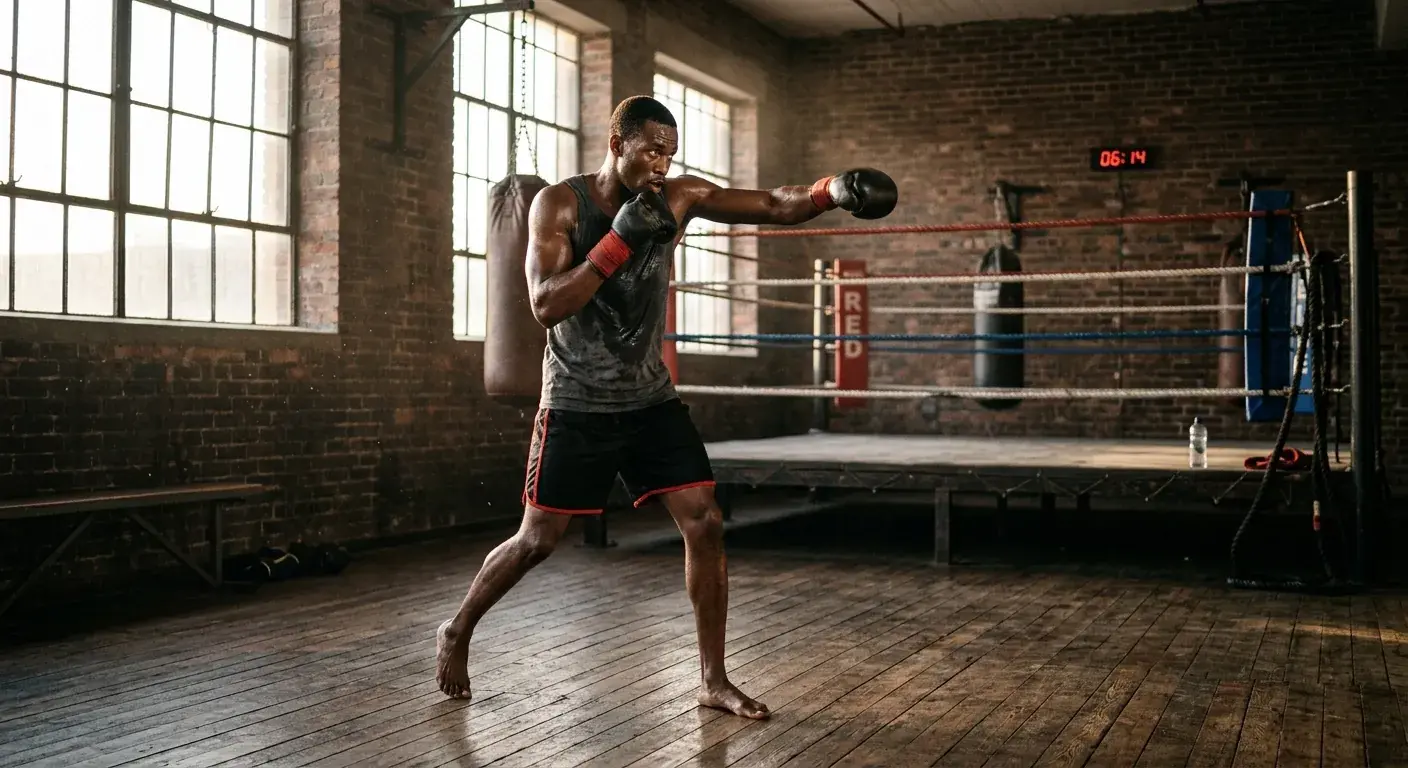 Boxer beim Schattenboxen im leeren Trainingsraum konzentriert auf Beinarbeit