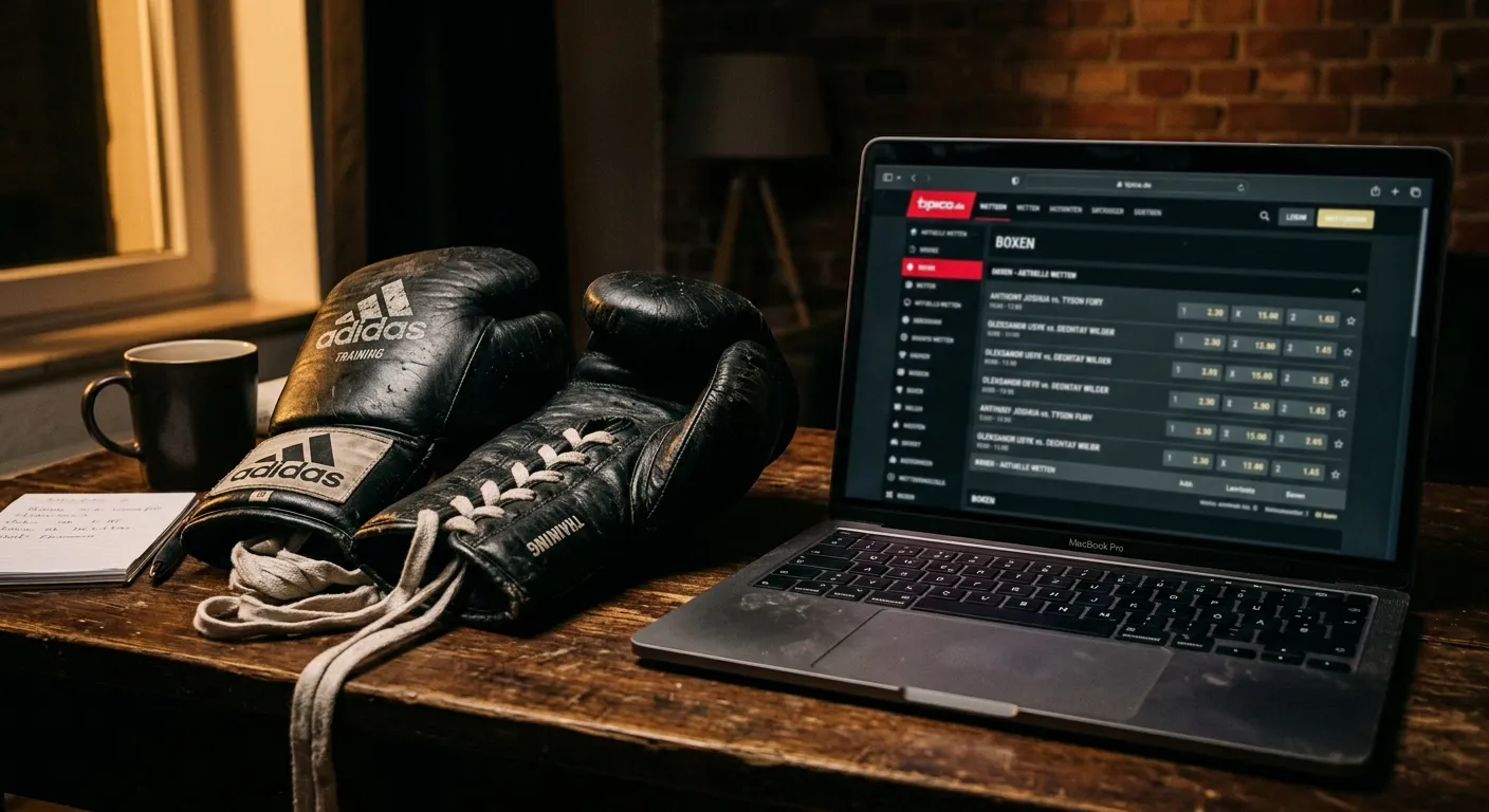 Wettkonto-Oberfläche eines Online-Buchmachers mit geöffnetem Sportwetten-Menü und Boxen-Reiter