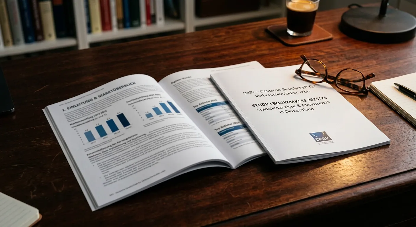 Aufgeschlagene Studienbroschüre mit Tabelle auf dunklem Schreibtisch