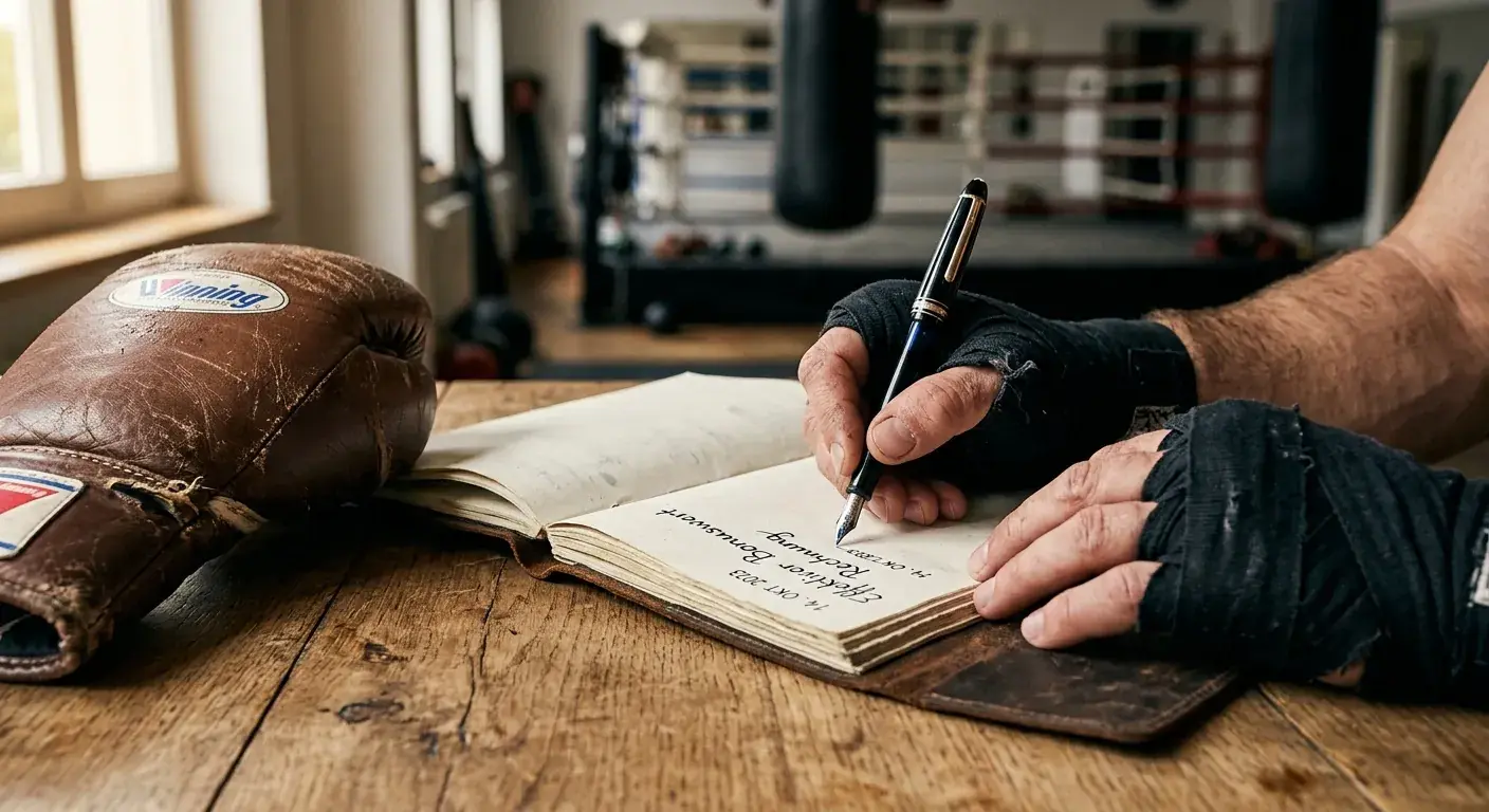 Boxer schreibt mit Stift in offenes Notizbuch am Holztisch in ruhiger Atmosphäre
