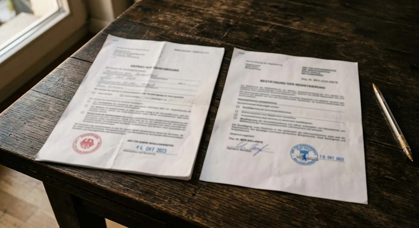 Zwei verschiedene Stempelsymbole auf gegenüberliegenden Papierseiten