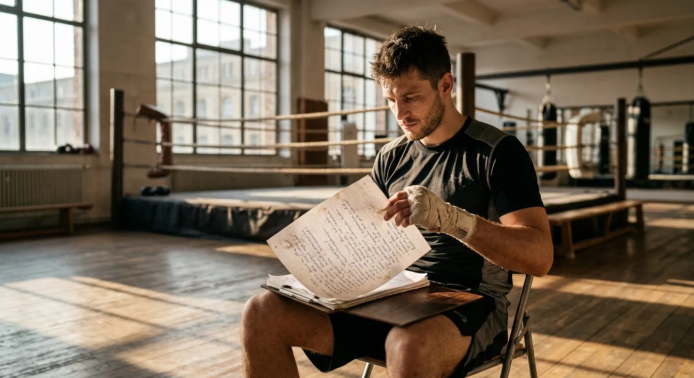 Boxer studiert ruhig Aufzeichnungen über vergangene Kämpfe in einer leeren Sporthalle