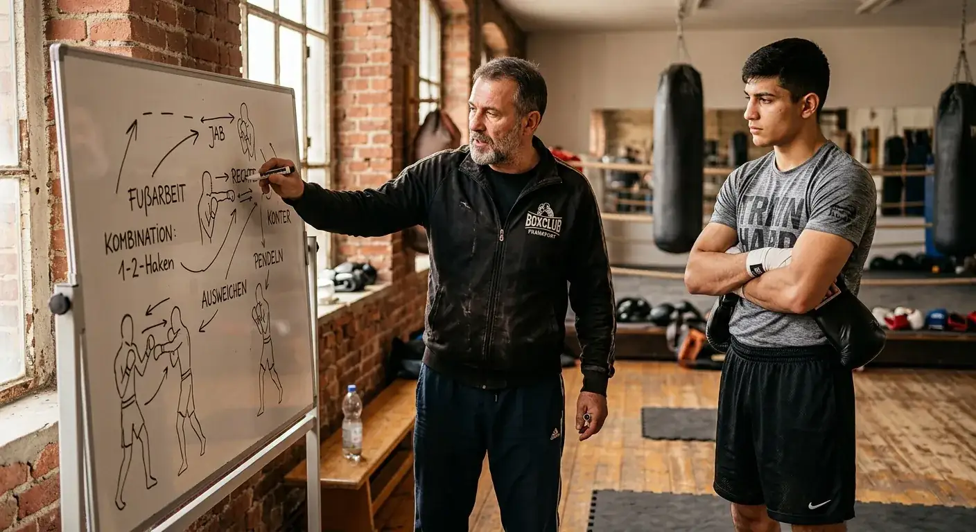 Trainer erklärt Boxer am Whiteboard mit einfachen Skizzen die taktische Idee